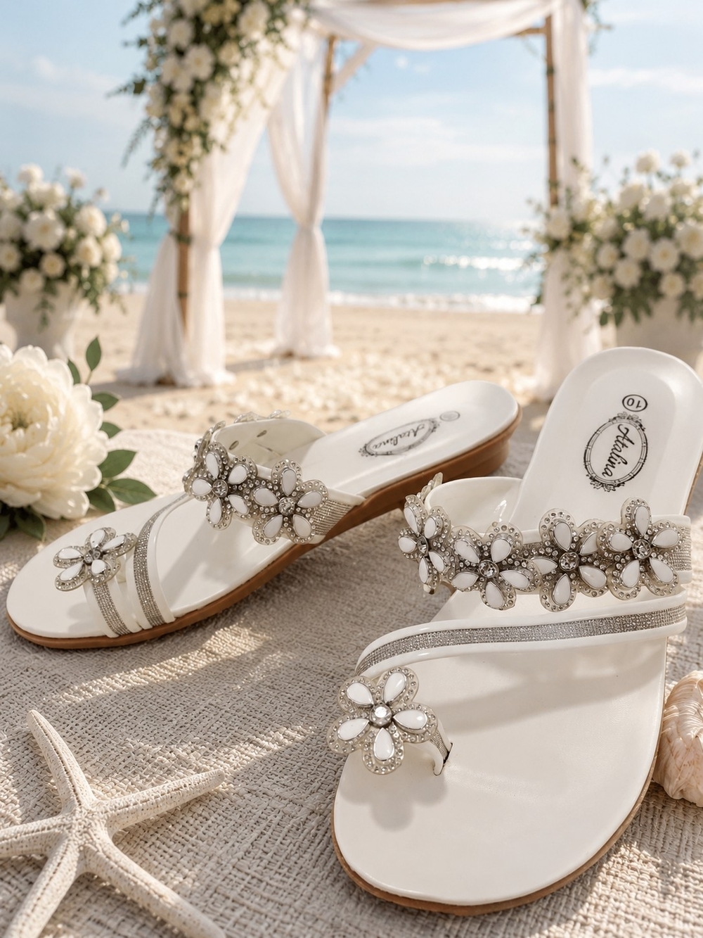 Atalina White Jeweled Floral Toe-Post Sandals
